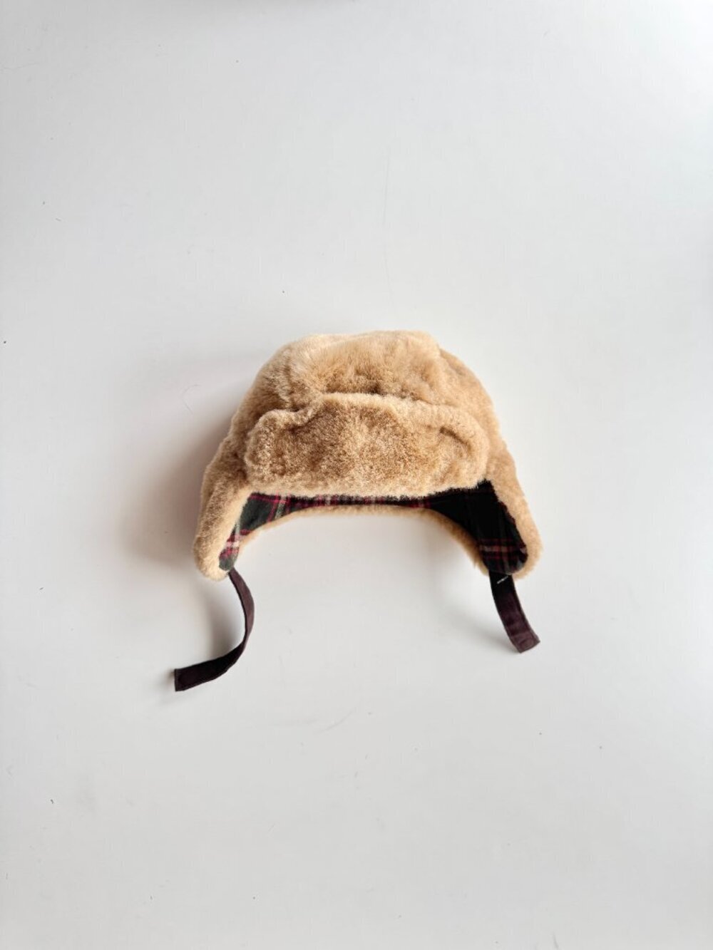 Kids' BABY GAP Beige Faux Shearling Fur Plaid Flannel Lined Trapper Hat, Size 6M